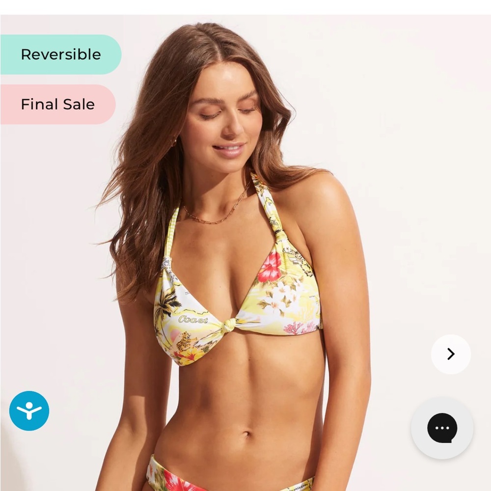 New Seafolly Floral Bikini Top Light Yellow & Red size 2 adjustable reversible